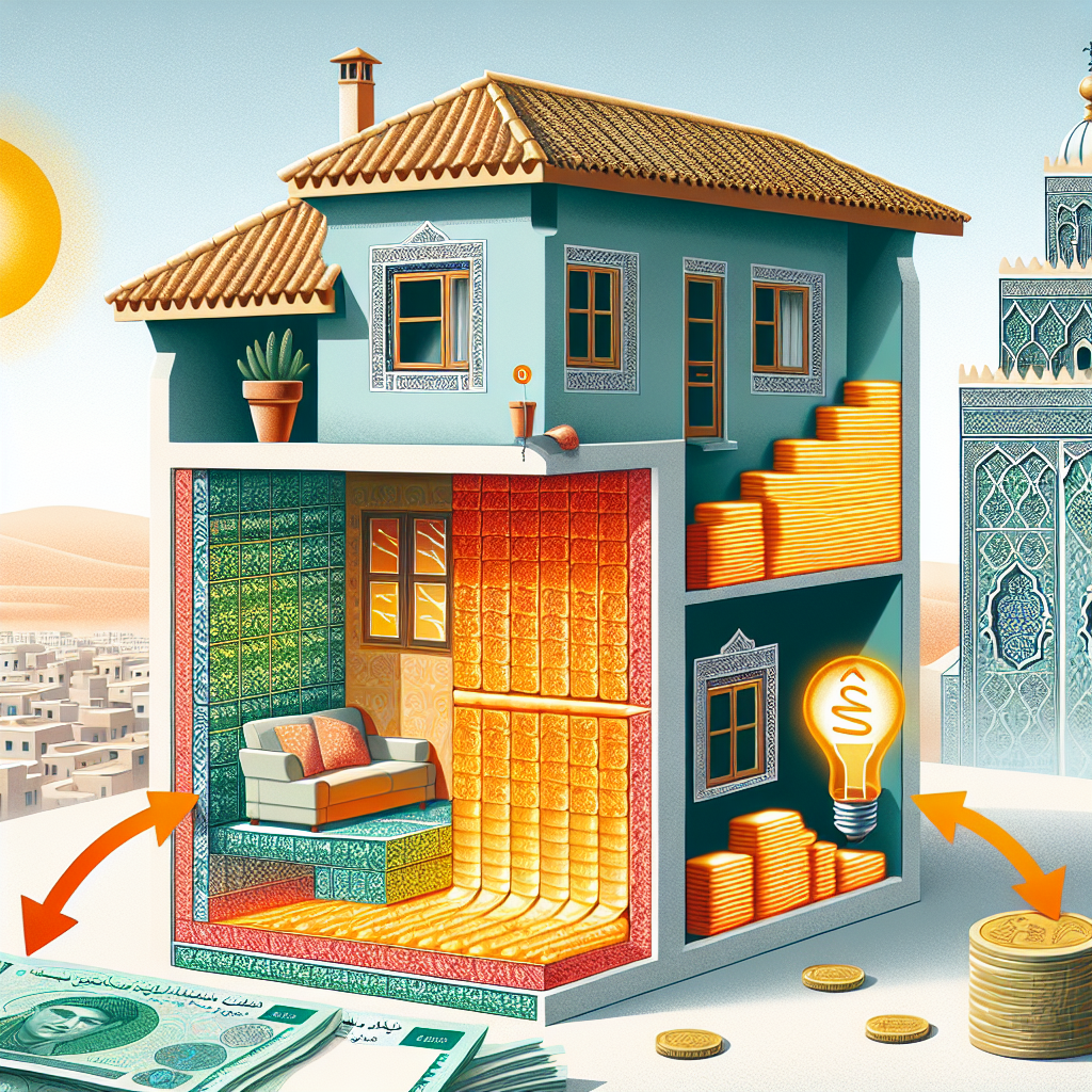 Illustration of a house with financial icons representing energy savings and investment benefits of thermal insulation in Mor