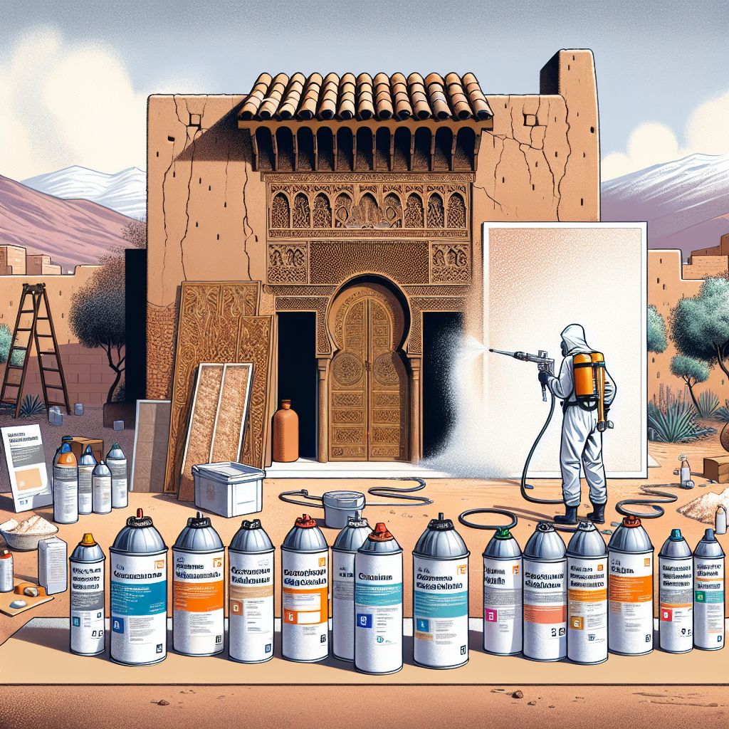 Person in protective gear spray applying insulation foam on a historic Moroccan building exterior.