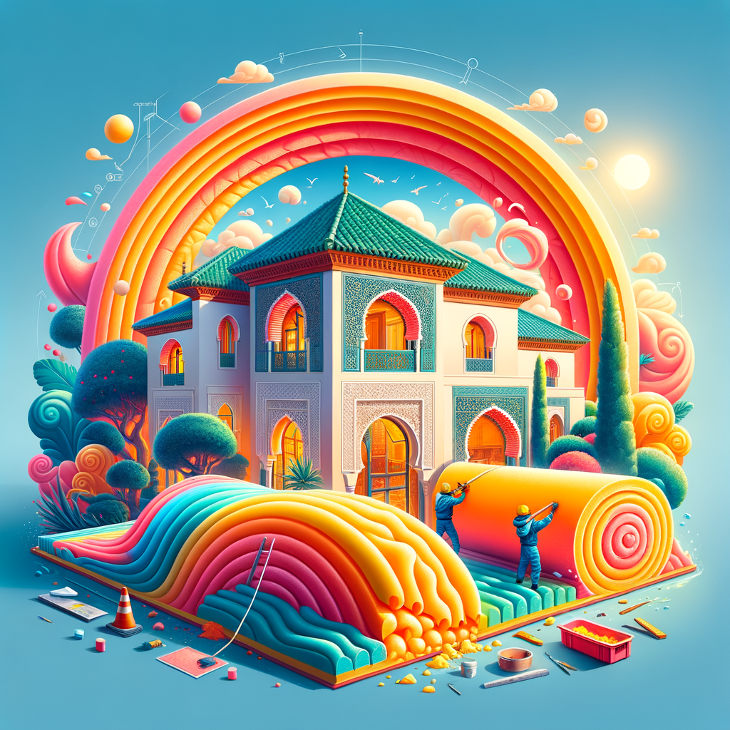 Colorful surreal illustration of a Mediterranean-style house with rainbow arches, symbolizing innovative home insulation in M