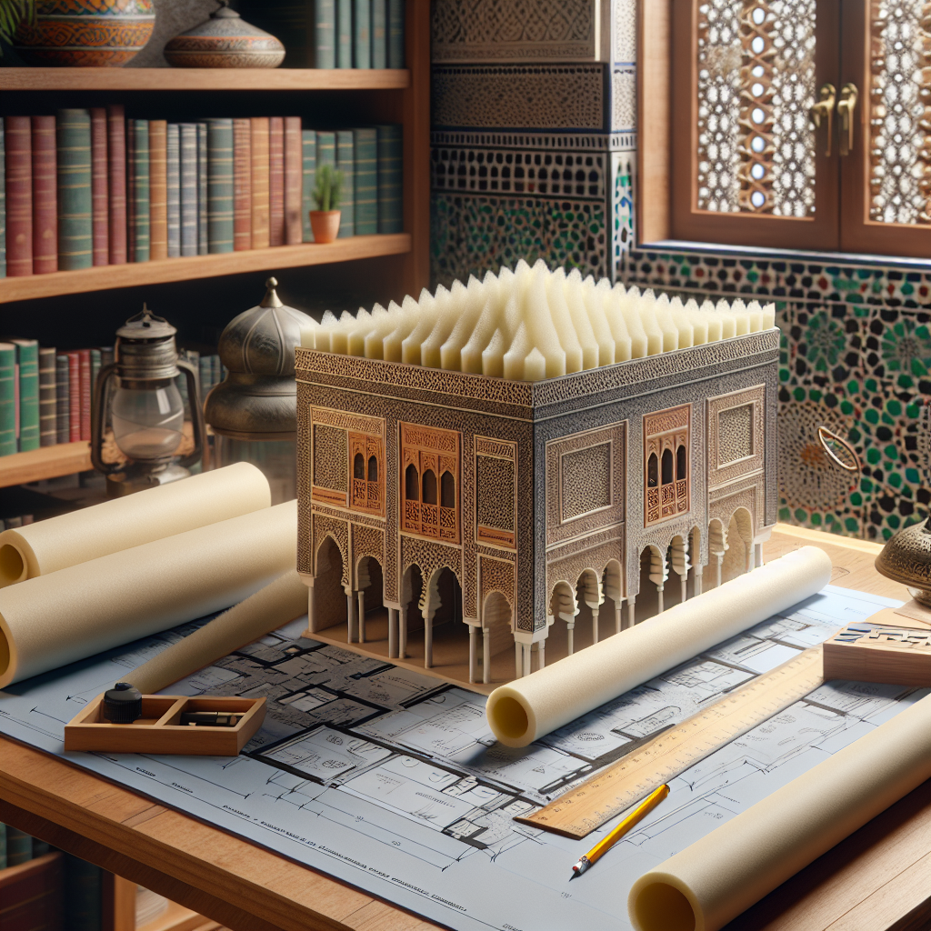 Intricately detailed architectural model of a historic building on a desk with blueprints and design tools in a traditional s