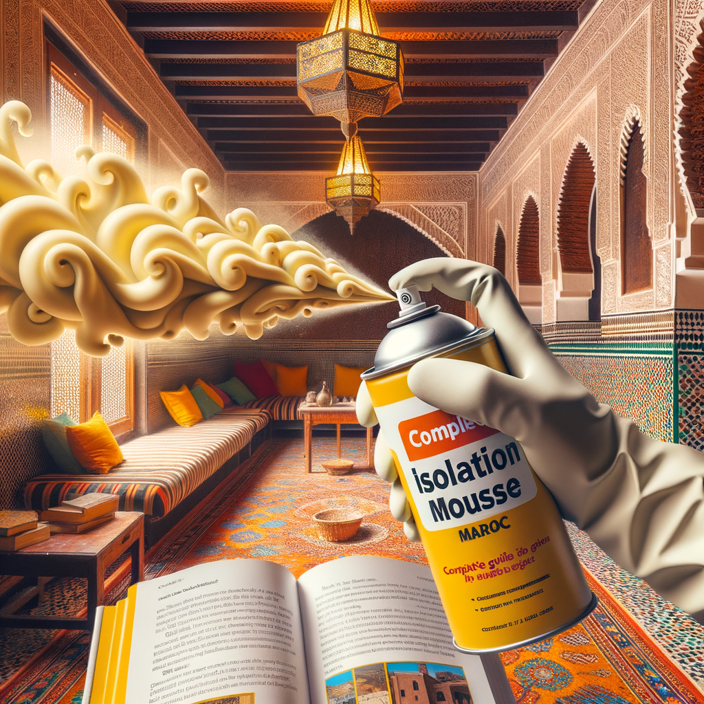 Hand spraying insulation foam on walls in a Moroccan-style room with traditional decor and colorful tilework.